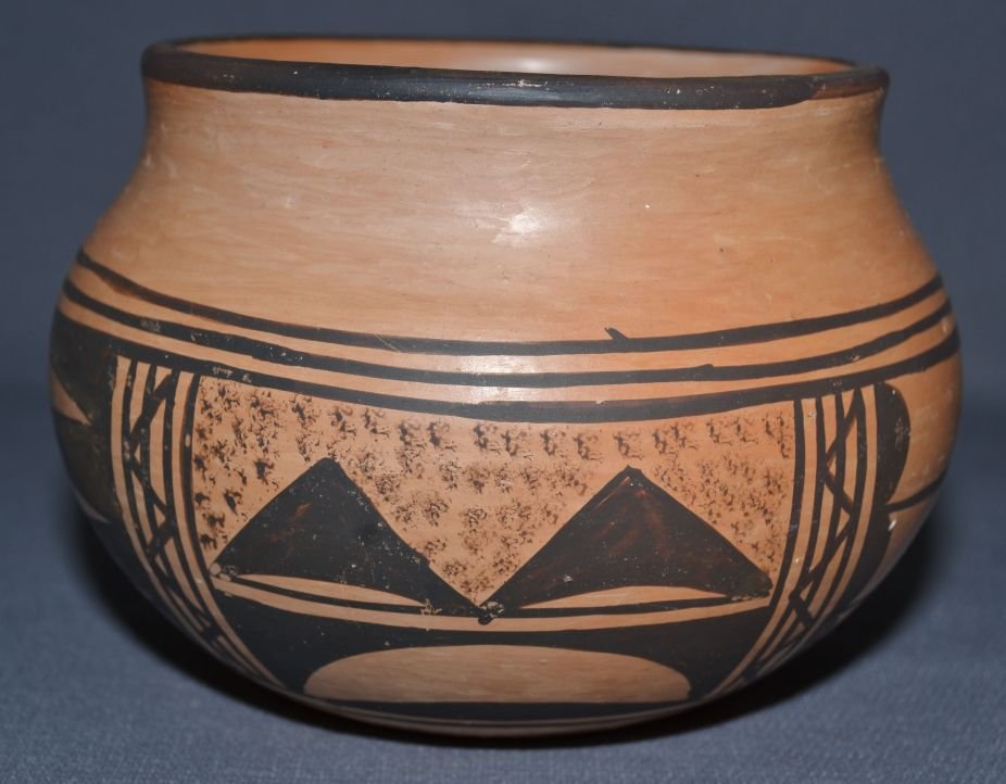 HOPI POTTERY BOWL: 1960s 70s black on orange geometric design signed with dog for Zella Cheeda has minor pitting 3.75"X5" Shipping charge are for the continental United States only There will be additional shipping fees