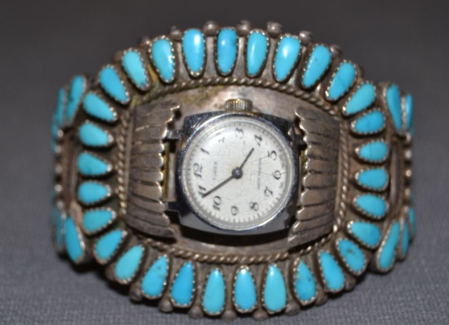 NAVAJO SILVER WATCH BAND: 1960s 70s sterling silver cluster style turquoise signed JIW for Jack Weekoty 5.25"x2"x1.25" Shipping charge are for the continental United States only There will be additional shipping fees on shipme