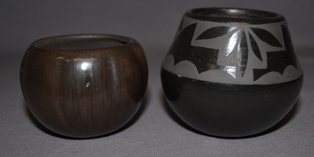 TWO SANTA CLARA POTTERY BOWLS: 1980s 90s matte on black signed JMS 3"x3.75" melon style signed Marie 2.25"x3.25" Shipping charge are for the continental United States only There will be additional shipping fees on shipments to Hawa