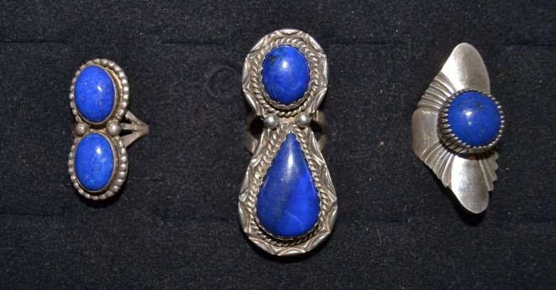THREE SILVER NAVAJO RINGS: 1980s 90s sterling silver and lapis large 2 stone signed JP single stone size 7 signed L.M. Nez Shipping charge are for the continental United States only There will be additional shipping fees on shi