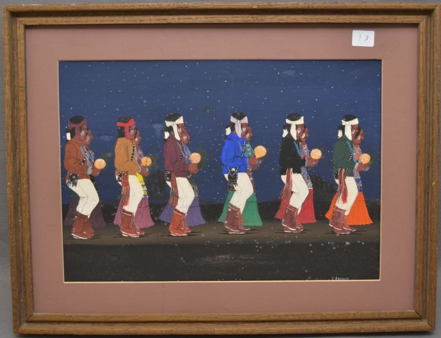 NAVAJO PAINTING: 1960s 70s mixed media on paper has surface scratches and water damage signed L. Brown 9"x12.75" Shipping charge are for the continental United States only There will be additional shipping fees on shi
