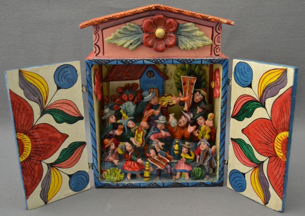 MEXICAN NICHO: 1960s 70s hand made from wood figures are plaster 8"x2.75"x6" Shipping charge are for the continental United States only There will be additional shipping fees on shipments to Hawaii, Alaska and outsi