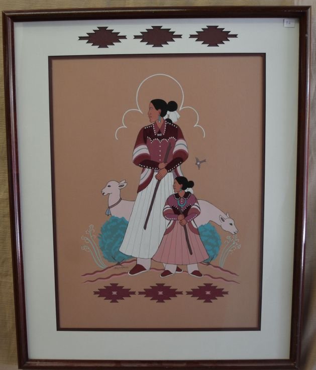 NAVAJO PAINTING: 1980s 90s mixed media on paper of woman and child signed Blacksheep 23.25"x17.5" Shipping charge are for the continental United States only There will be additional shipping fees on shipments to Hawai