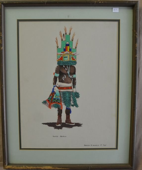 HOPI PAINTING: 1960s 70s mixed media on canvas of Hemis kachina signed Ramson R. Honahnie 19"x14.25" Shipping charge are for the continental United States only There will be additional shipping fees on shipments to 