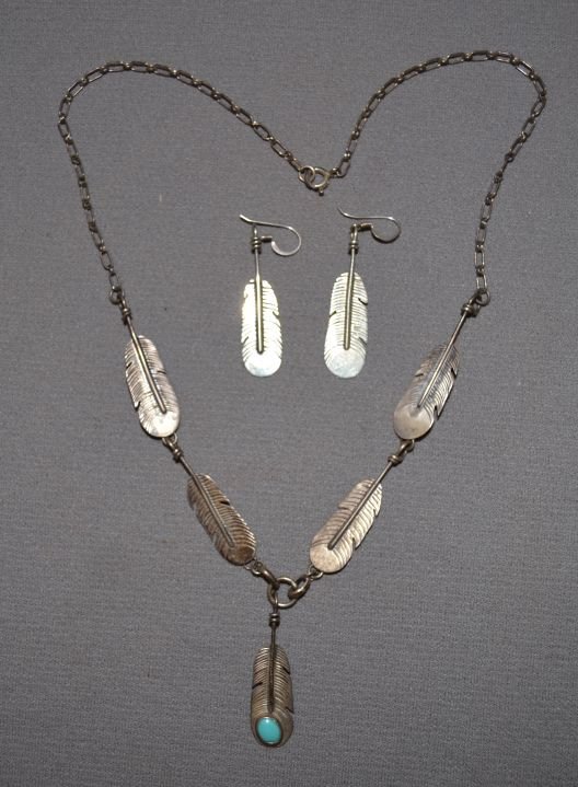 NAVAJO SILVER NECKLACE AN EARRINGS: 1960s 70s sterling silver leaf design necklace 18" long earrings 1.25" signed WHH Shipping charge are for the continental United States only There will be additional shipping fees on shipments to Hawa