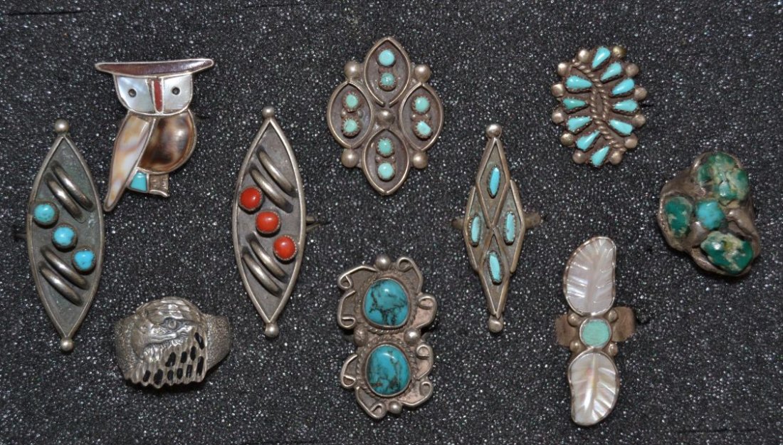 TEN NAVAJO SILVER RINGS: 1960s 70s sterling silver channel inlay owl size 6.5 largest size 10 Shipping charge are for the continental United States only There will be additional shipping fees on shipments to Hawaii, Alaska an