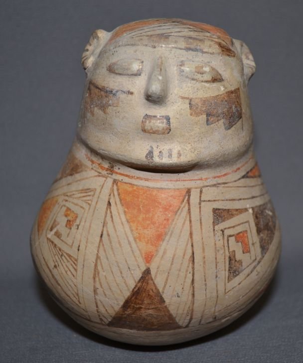 CASAS GRANDES POTTERY EFFIGY: prehistoric polychrome painted design has approximately 5% plaster 6" x 5" Shipping charge are for the continental United States only There will be additional shipping fees on shipments to Hawaii, Ala