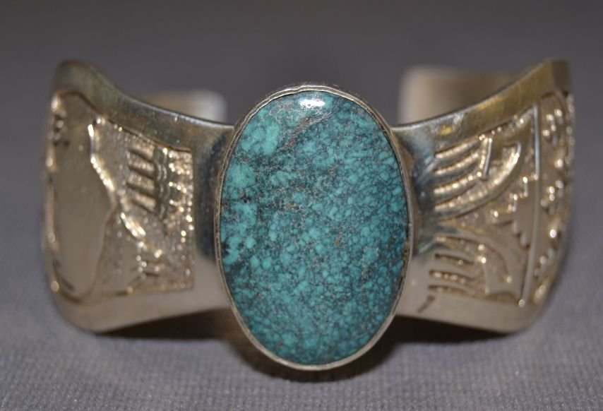 NAVAJO BRACELET: 1980's sterling silver and turquoise shadow box design signed R.B, 5.75" x 1.25" x 1" Shipping charge are for the continental United States only There will be additional shipping fees on shipments to 