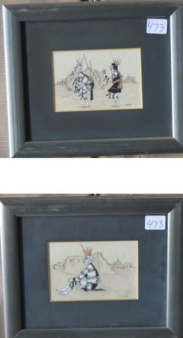 TWO SAN ILDEFONSO WATER COLORS: 1970's depicting kosharis signed J D Roybal l2.5" x 4" Shipping charge are for the continental United States only There will be additional shipping fees on shipments to Hawaii, Alaska and outside the