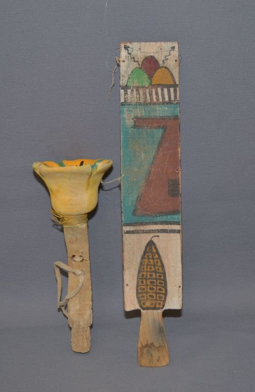 TWO PUEBLO DANCE WANDS: 1940's hand carved and painted cotton wood,16" and 10'" long Shipping charge are for the continental United States only There will be additional shipping fees on shipments to Hawaii, Alaska and outsid