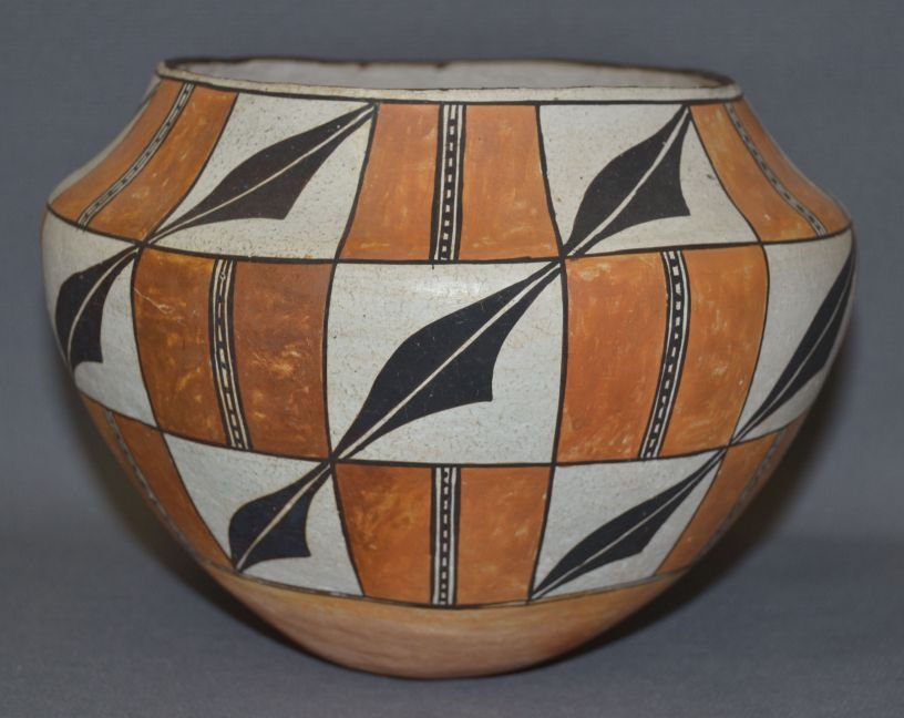 ACOMA POTTERY JAR: 1960's polychrome checker board design signed Lucy M Lewis,6" x 8" Shipping charge are for the continental United States only There will be additional shipping fees on shipments to Hawaii, Alaska and 