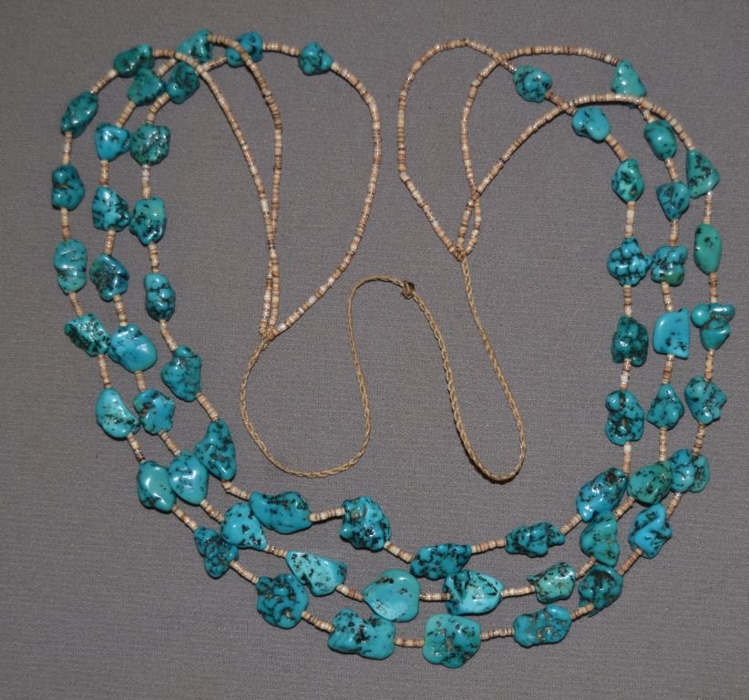 PUEBLO NECKLACE: 1980s 90s 3 strands shell and nugget turquoise 32" long Shipping charge are for the continental United States only There will be additional shipping fees on shipments to Hawaii, Alaska and outside the