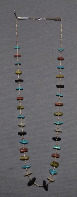 PUEBLO NECKLACE: 1980s 90s shell and multi stone square bead necklace 26" long Shipping charge are for the continental United States only There will be additional shipping fees on shipments to Hawaii, Alaska and outsi