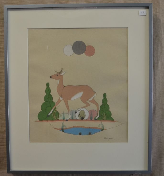 PUEBLO PAINTING: 1970s 80s watercolor on paper of deer signed Justin Herrera 15"x13" Shipping charge are for the continental United States only There will be additional shipping fees on shipments to Hawaii, Alaska and