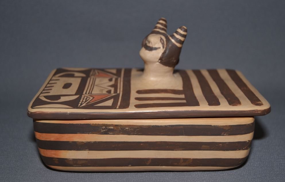 HOPI POTTERY BOX: 1960s 70s lidded polychrome with 3D face on top signed Nampeyo 4.25"x6.5"x4" Shipping charge are for the continental United States only There will be additional shipping fees on shipments to Hawaii, A