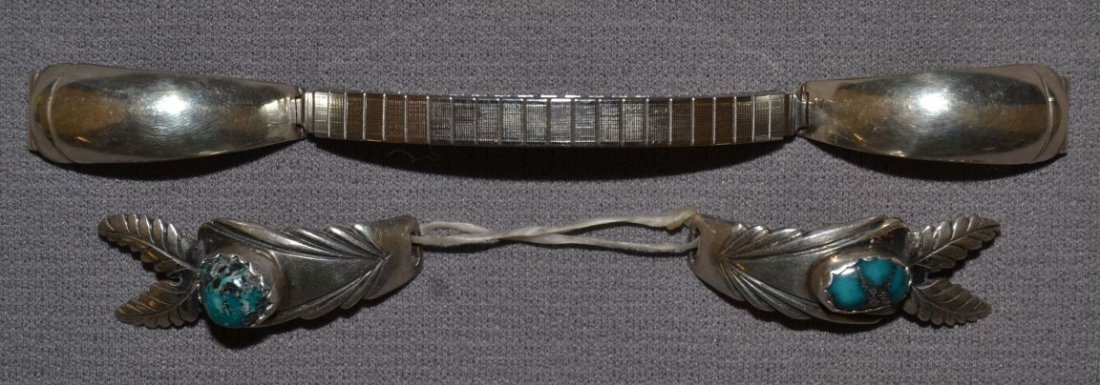 TWO COCHITI WATCH TIPS: 1970s 80s sterling silver one set single turquoise stone and leaf pattern 1.5"x.5" both signed JHQ Joseph H. Quintana Shipping charge are for the continental United States only There will be additiona
