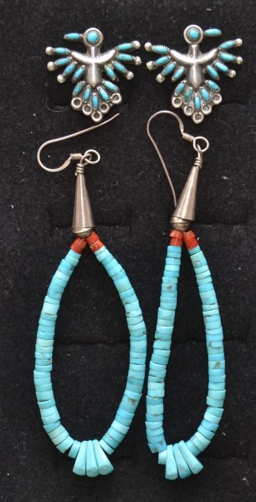 TWO PAIR OF PUEBLO EARRINGS: 1970s 80s turquoise jaclaw style 3" long sterling silver and turquoise clip on style .75"x1" Shipping charge are for the continental United States only There will be additional shipping fees on shipme