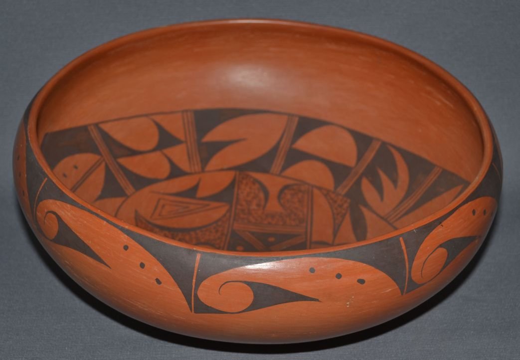 HOPI POTTERY BOWL: 1960s 70s black on red geometric design signed K. Padenilla has minor surface scratches 4.5"x12.5" Shipping charge are for the continental United States only There will be additional shipping fees on 