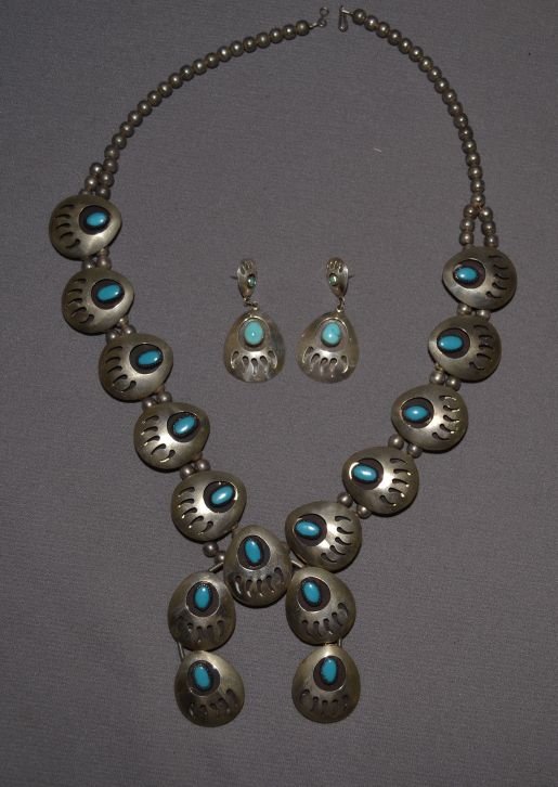 NAVAJO SQUASH BLOSSOM NECKLACE: 1980s 90s German silver bear paw design turquoise stones 22" long earrings sterling silver 2.25"x1" Shipping charge are for the continental United States only There will be additional shipping fees on