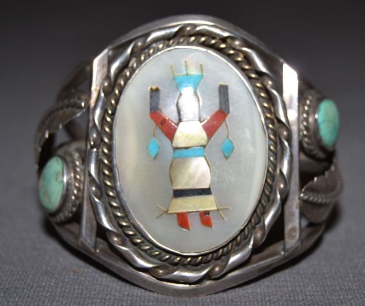 NAVAJO SILVER BRACELET: 1960s 70s sterling silver turquoise and stone to stone inlay 5.5"x2.25"x1" Shipping charge are for the continental United States only There will be additional shipping fees on shipments to Hawaii, Ala