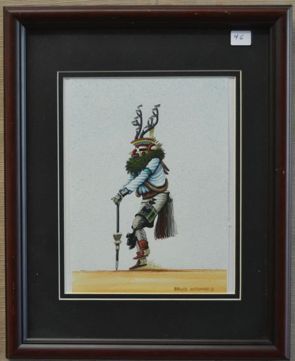 NAVAJO PAINTING: contemporary watercolor on paper of deer dancer signed Bruce Watchman 9.5"x7" Shipping charge are for the continental United States only There will be additional shipping fees on shipments to Hawaii,