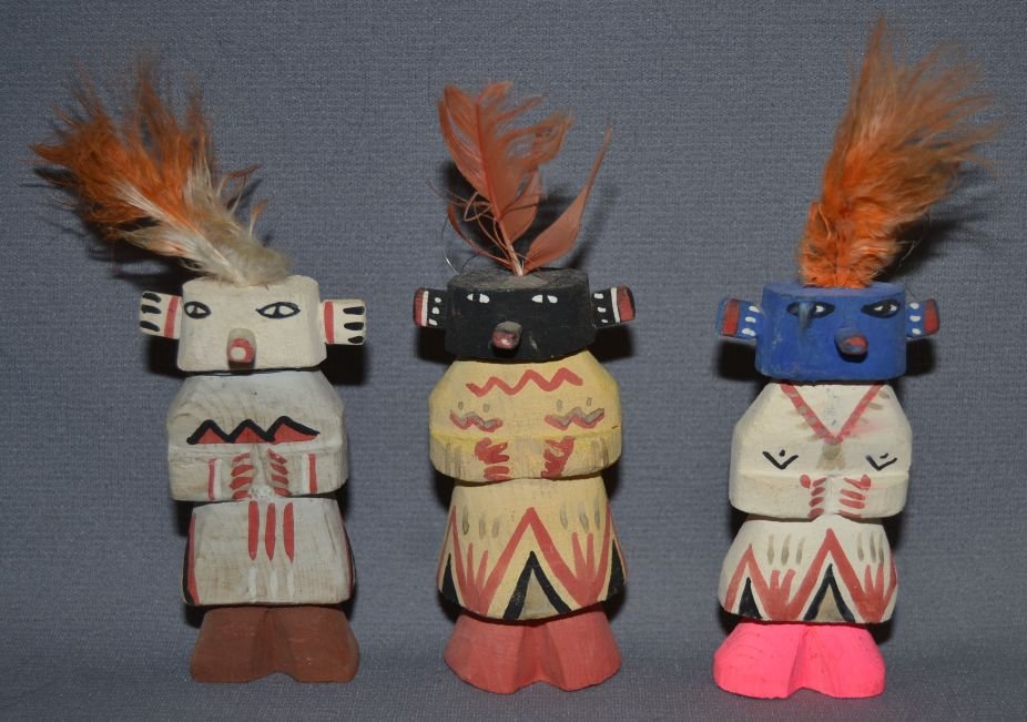 THREE ROUTE 66 KACHINA DOLLS: 1950s 60s hand carved and painted all are approx. 4" tall Shipping charge are for the continental United States only There will be additional shipping fees on shipments to Hawaii, Alaska and outside t