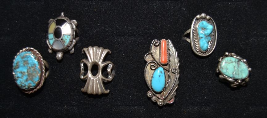 SIX NAVAJO SILVER RINGS: 1970s 80s sterling silver turquoise and some have coral sand cast ring signed with electric pencil size 8 largest size 9 Shipping charge are for the continental United States only There will be additi