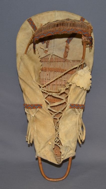 NORTHERN CALIFORNIA CRADLE BOARD: 1930s 40s basketry covered in leather with beaded strips damage on sun visor Shipping charge are for the continental United States only There will be additional shipping fees on shipments to Hawaii, A