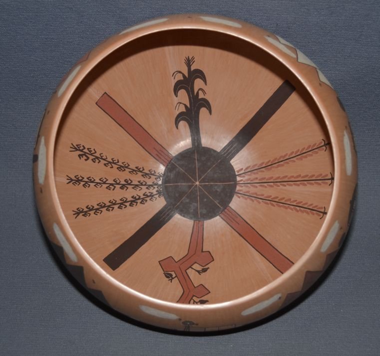 NAVAJO POTTERY BOWL: contemporary polychrome village and hogon scene on inside corn stalk design signed Ida Sahmie minor paint rub 4.25"x8.25" Shipping charge are for the continental United States only There will be addit