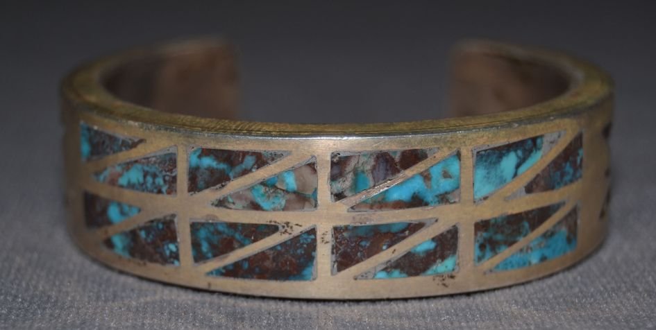 NAVAJO BRACELET: 1960s 70s channel inlay turquoise and shadow box design 5.25"x.75"x1" Shipping charge are for the continental United States only There will be additional shipping fees on shipments to Hawaii, Alaska a