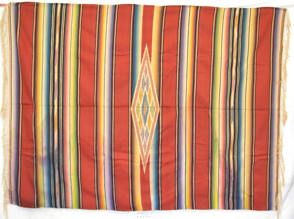 MEXICAN TEXTILE: 1950s 60s rainbow blanket pattern has minor bleeding holes and edge ware moth damage 92"x66" Shipping charge are for the continental United States only There will be additional shipping fees on shipme