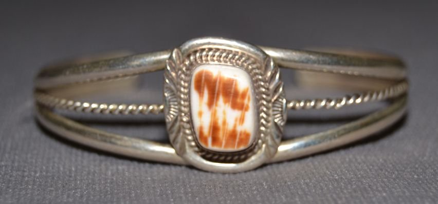 NAVAJO SILVER BRACELET: 1980s 90s sterling silver single white stone signed W.Denetdale 5.25"x.75"x1" Shipping charge are for the continental United States only There will be additional shipping fees on shipments to Hawaii, 