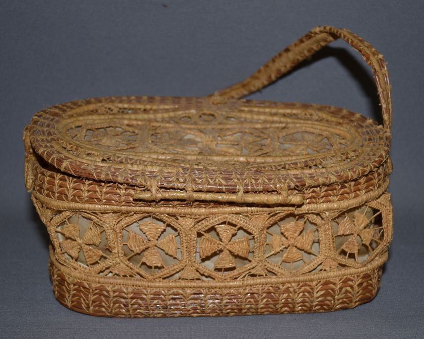 PINE NEEDLE BASKET: 1940s 50s hand woven pine needle base cloth lined minor damage on basket handle has damage Shipping charge are for the continental United States only There will be additional shipping fees on shipment