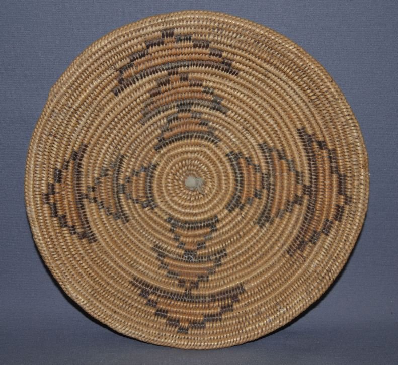 UTE BASKET: 1940s 50s hand woven geometric design minor stitch loss haring bone rim Shipping charge are for the continental United States only There will be additional shipping fees on shipments to Hawaii, Alaska