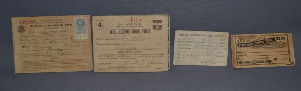 HOPI DOCUMENTS: 1930s-40s 2 ration books, commercial coupon book, sheep dipping certificate, largest4" x 5.5" Shipping charge are for the continental United States only There will be additional shipping fees on shipm