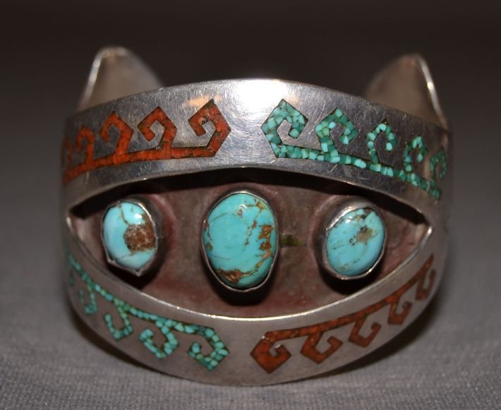 NAVAJO BRACELET: 1970s sterling silver and turquoise, chip inlaid turquoise & coral, shadow box design, 5.5" x 2" x 1.25 signed H. J. B. Shipping charge are for the continental United States only There will be additio