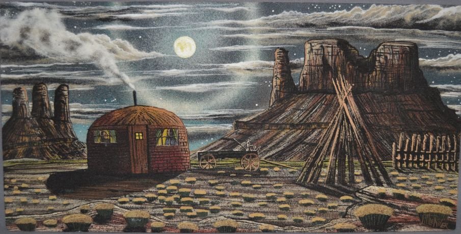 NAVAJO SAND PAINTING: 1970s depicting bute, hogan and wagon, 12" x 24" signed Little River Shipping charge are for the continental United States only There will be additional shipping fees on shipments to Hawaii, Alaska an