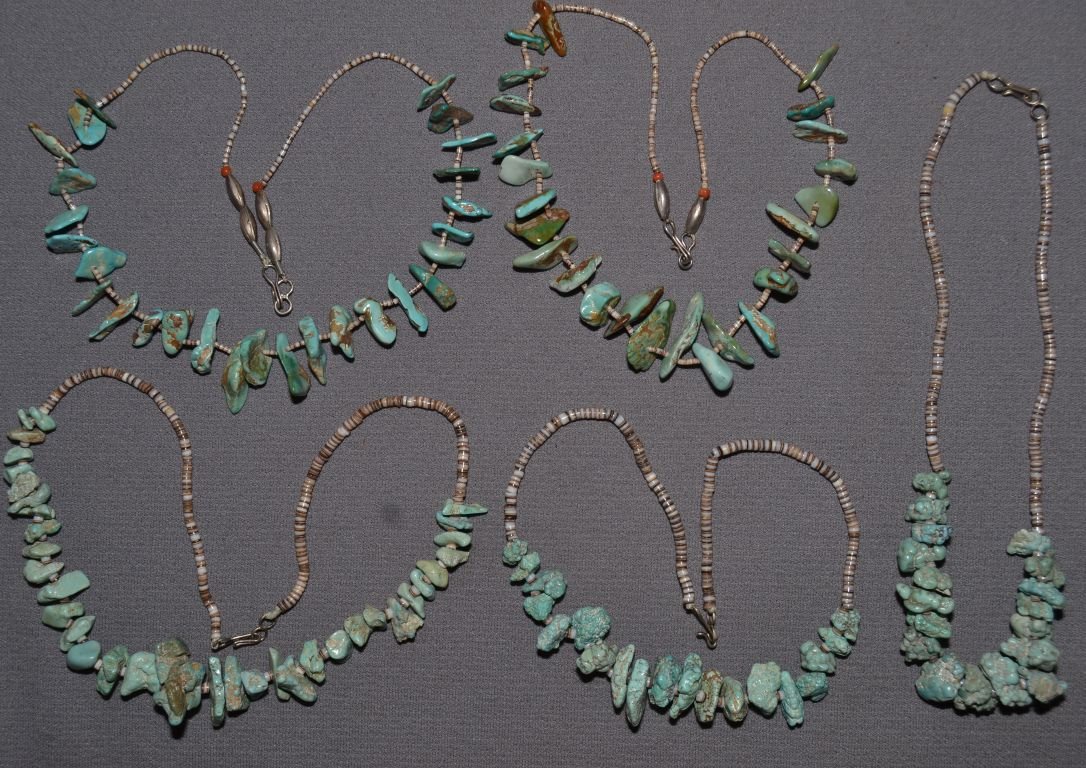 FIVE PUEBLO CHOKERS: 1970's shell heishe and turquoise nuggets 16'' long 12'' long and 14'' Shipping charge are for the continental United States only There will be additional shipping fees on shipments to Hawaii, Alaska 