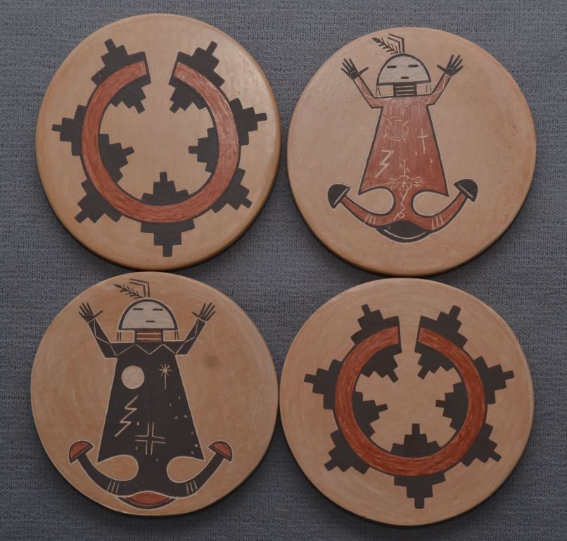 NAVAJO POTTERY COASTERS: 1990's polychrome painted designs, by Ida Sahmie 3.5'' dia Shipping charge are for the continental United States only There will be additional shipping fees on shipments to Hawaii, Alaska and outside
