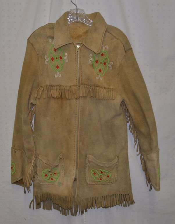 CREE BEADED JACKET: 1950's floral beaded design on native tanned hide , has minor bead loss, 18'' x34'' Shipping charge are for the continental United States only There will be additional shipping fees on shipments to Ha