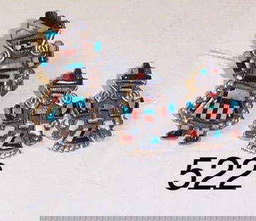 ZUNI EARRINGS AND RING: ca. 1970'S knifewing dancer earrings, bent rainbow man ring, both stone-to-stone, signed G. B. Natachu, ring is 2" tall.