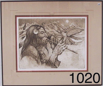 LUISENO SIOUX ETCHING: ca. 1970'S est. titled "The Flute Player", signed Robert Freeman, #6/79, LR, 17.5" x 22.5".