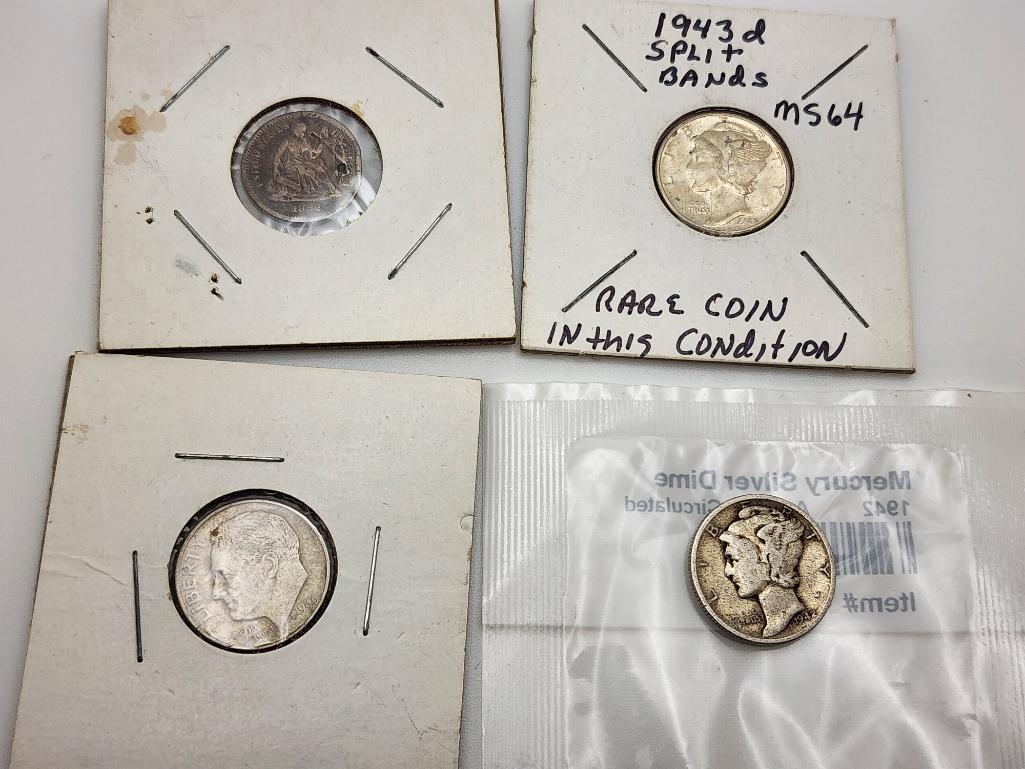 Lot of 4  1942 Silver Mercury, 1946 Truman, 1945-D Split Bands & 1862 Seated Dime (1 of 5)
