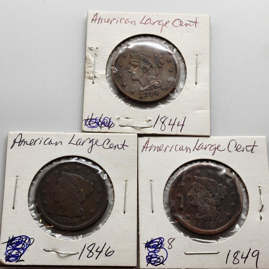 Lot of 3 American Large Cents 1844, 1846 & 1849 (1 of 4)