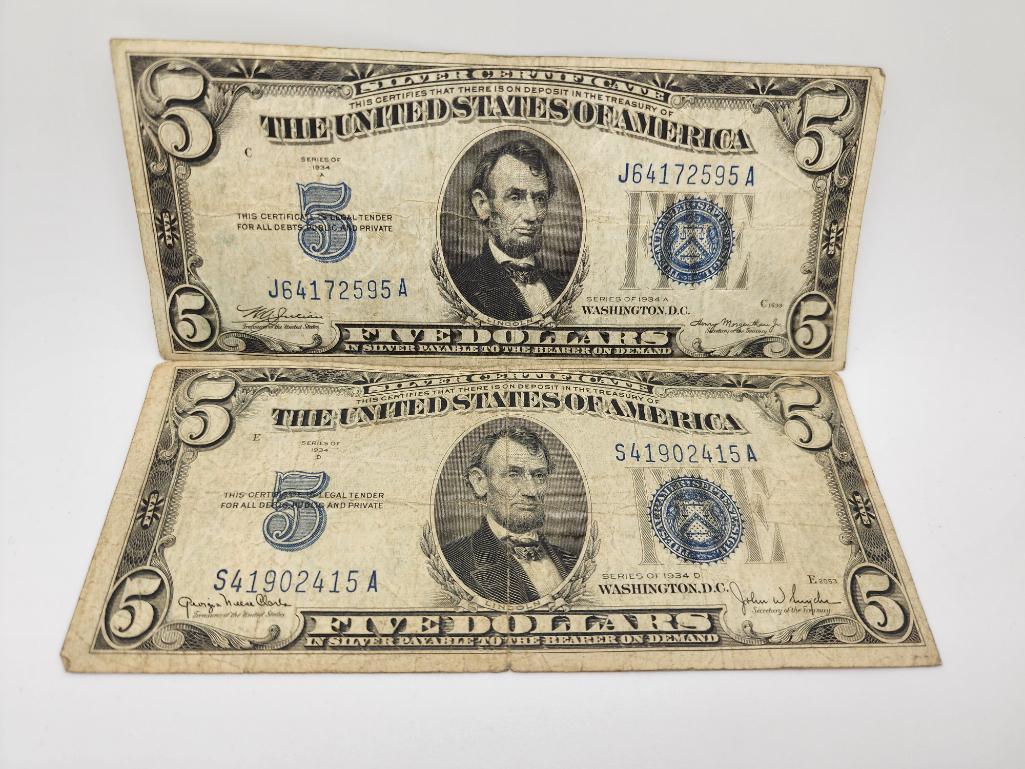 (2) 1934 $5 Silver Certificates Blue Seal (1 of 4)