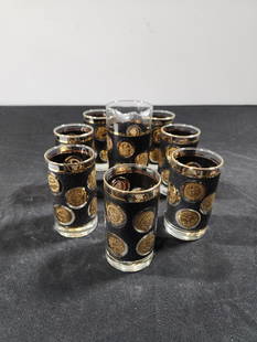 Vintage Gold Coin Collector Drink Set, Pitcher w/ 7 Matching Glasses w/ Gold Coin Designs:  