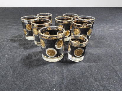 Set of 8 Vintage Gold Coin Tumblers or Whiskey Glasses & 1 Matching Shot Glass:  