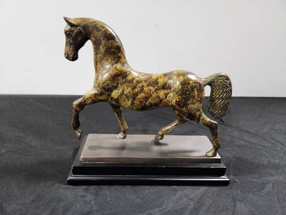 Galloping Horse Cast Metal Sculpture on Wood Base, 13in H:  