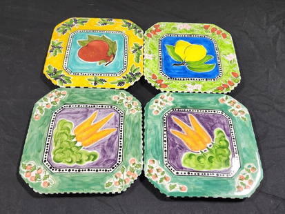 Set of 4, Sarah Purifoy Hand Painted Plates, Fruit and Vegetable Pattern:  