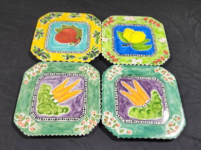 Set of 4, Sarah Purifoy Hand Painted Plates, Fruit and Vegetable Pattern: &nbsp;